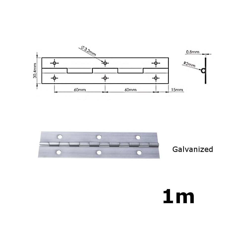 1000mm (1m) CONTINUOUS METAL PIANO HINGE GALVANIZED COLOUR