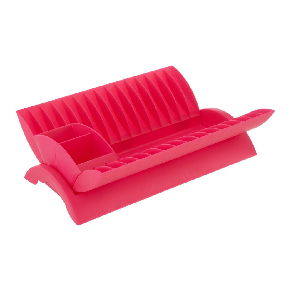 (Hot Pink) Plastic Dish Drainer With Removable Cutlery Caddy