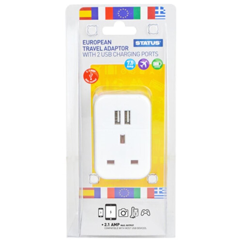 Status European Plug Through Travel Adaptor with 2 USB Ports - Single Pack