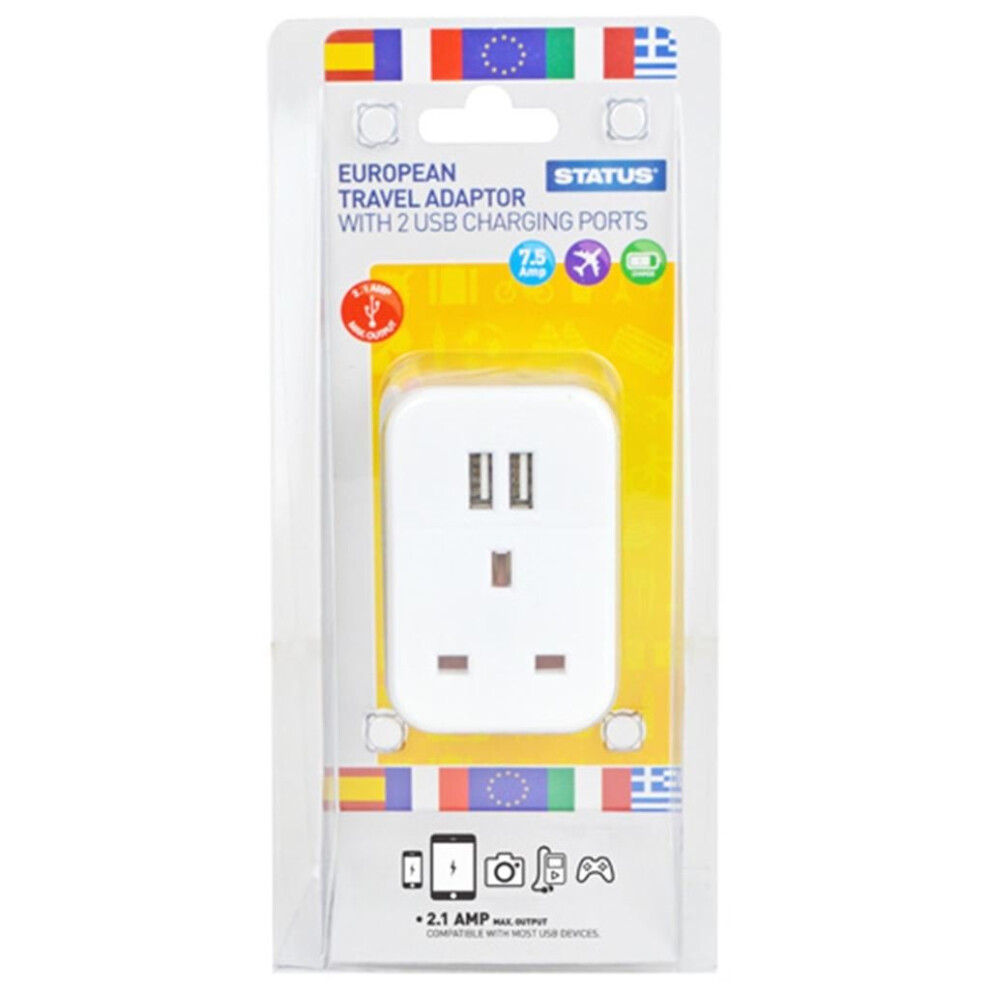 European Plug Through Travel Adaptor with 2 USB Ports - Single Pack
