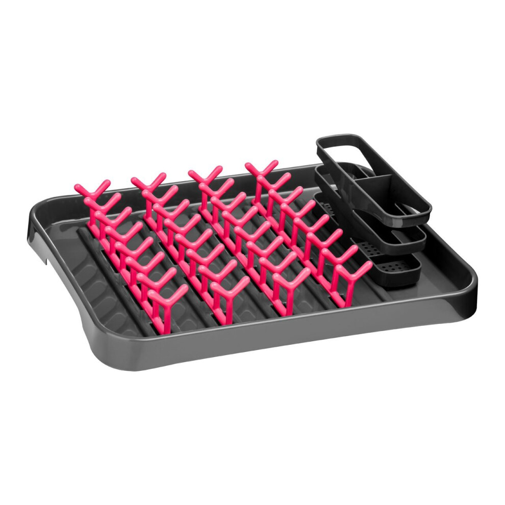(Hot Pink/Grey) Dish Drainer With Cutlery Caddy, Polypropylene