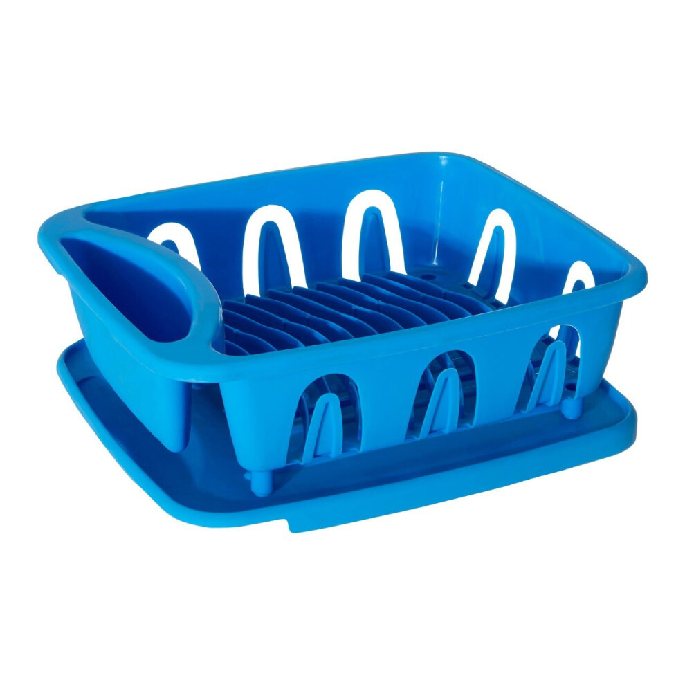 (Blue) Plastic Dish Drainer With Caddy & Drip Tray