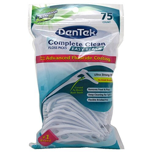 DenTek Floss Picks Complete Clean Back Teeth, 75 Count (2 Pack) - Fluoride Coating, Deep Clean, Shred-Proof for Tight Teeth