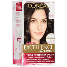 L'Oreal Paris Excellence Creme Permanent Hårfärg, 3 Naturlig Svart, Grå Täckning i Upp till 8 Veckor, Packning av 1