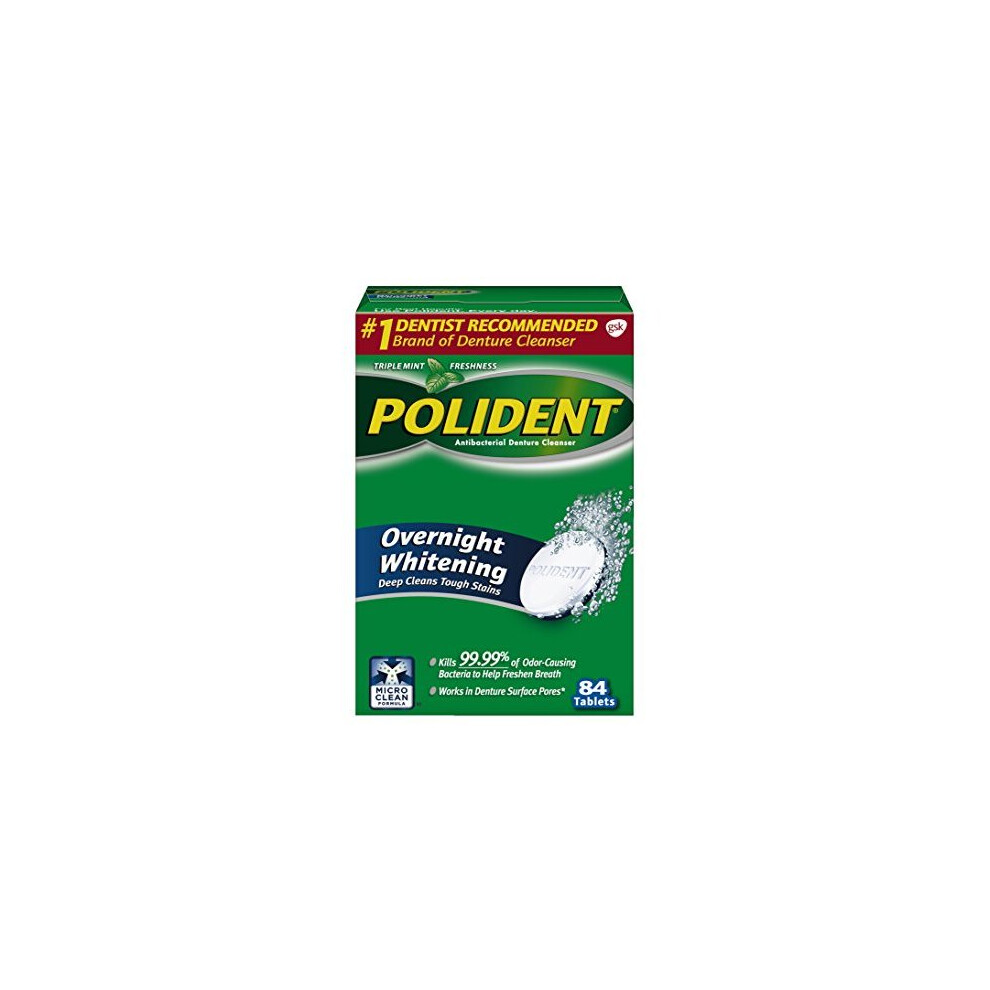 Polident Overnight Whitening Antibacterial Denture Cleanser Effervescent Tablets, 84 Count