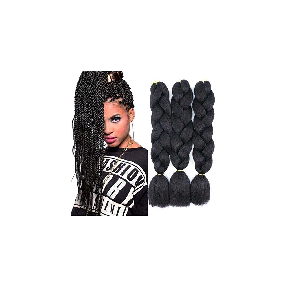 Sharopul Unisex Black Original Jumbo Braids Hair Extension 3Pcs Pure Color 24Inch 100Gpc For Twist Box Braiding Hair (1B )