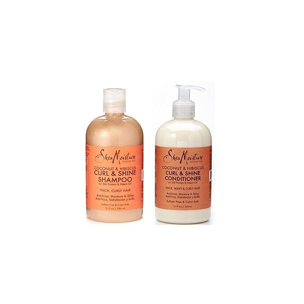 Shea Moisture Coconut & Hibiscus Curl & Shine Shampoo and Conditioner Set W/silk Protein and Neem Oil 13 Oz Bottles