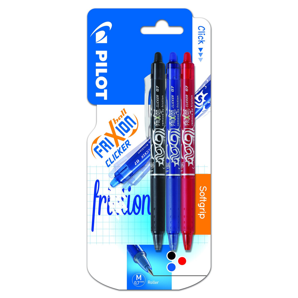 Pilot Frixion Retractable Erasable Rollerball, 0.7 mm Tip - Black/Blue/Red, 3pc