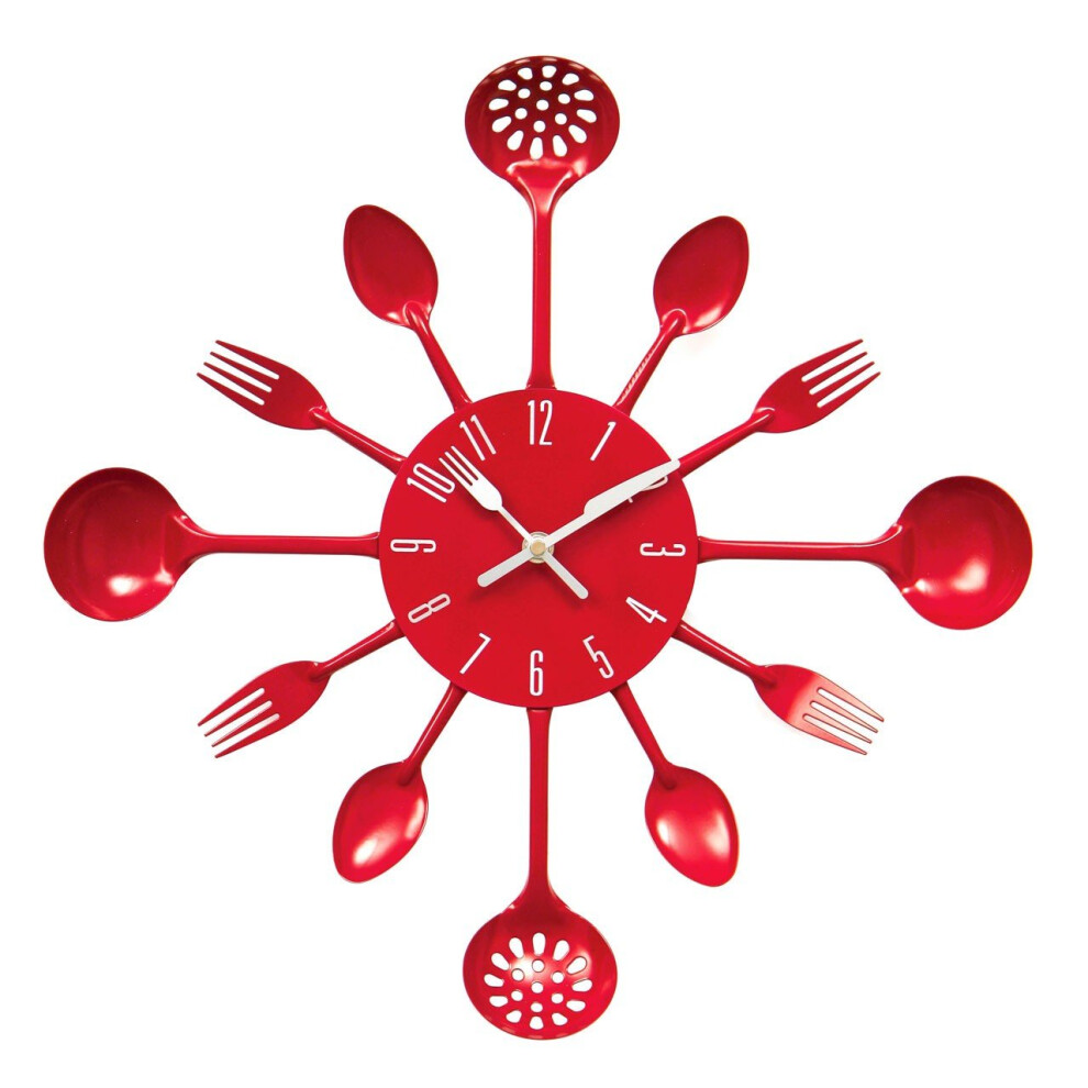 kitchen Cutlery Wall Clock - Red