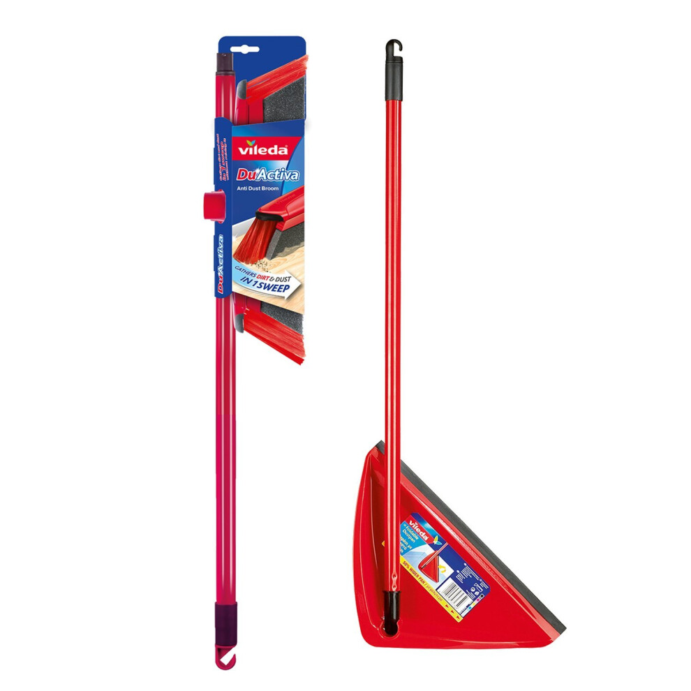 Vileda DuActiva Anti Dust Broom Plus Long Handled Dustpan, Red/Black