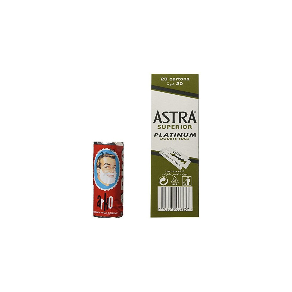 100 Astra Superior Platinum Double Edge Safety Razor Blades and Arko Shaving Cream Soap Stick