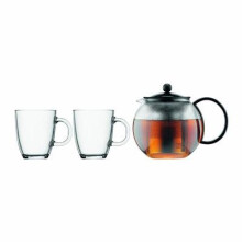 BODUM ASSAM SET Tea Press (Stainless Steel Filter, 1.0 L/34 oz) and 2 Mugs (0.35 L/12 oz) - Black