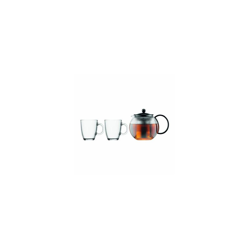 Bodum Assam Set Tea Press (Stainless Steel Filter, 1.0 L/34 Oz) And 2 Mugs (0.35 L/12 Oz) - Black