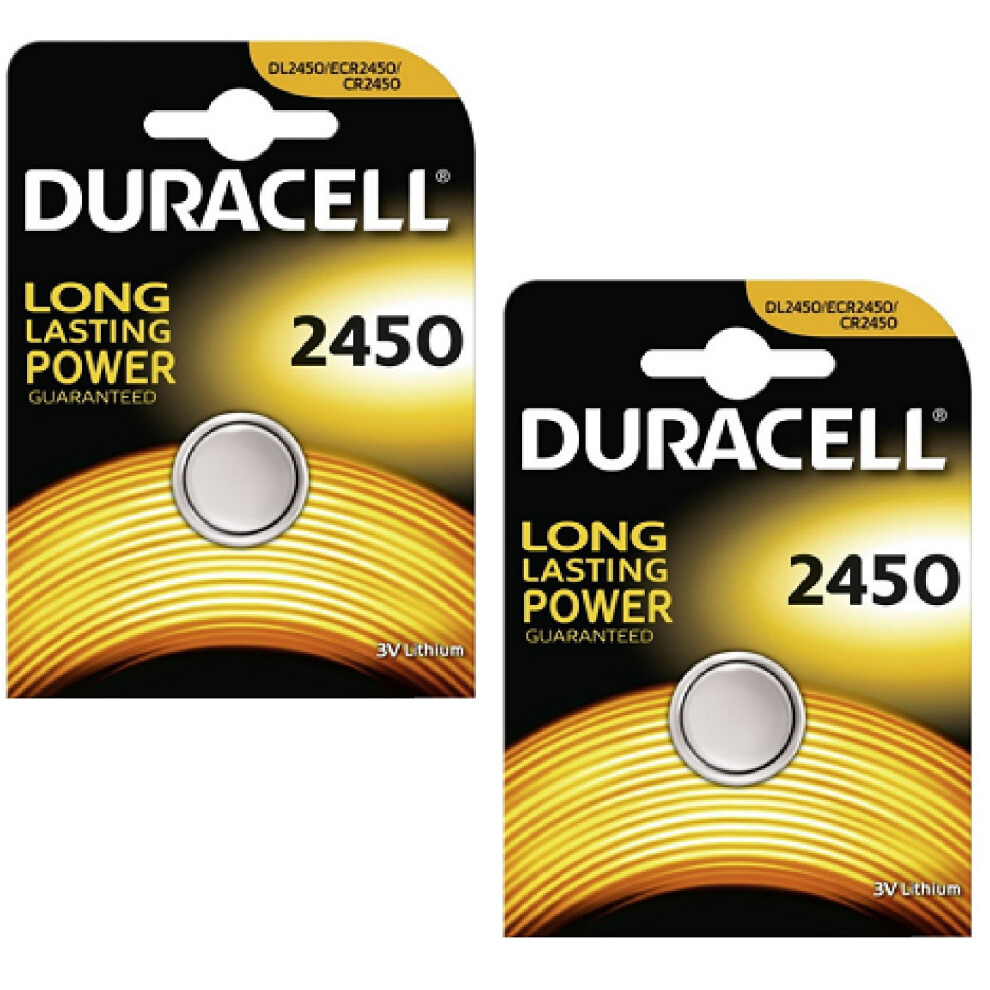 Two (2) X Duracell CR2450 Lithium Coin Cell Battery 3v Blister Packed