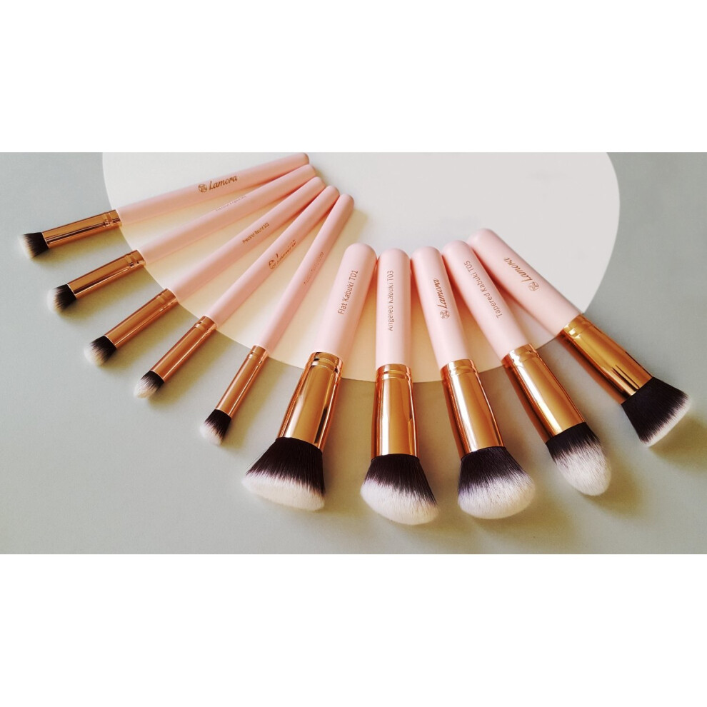Lamora Kabuki Makeup Brush Set 10Pc Rose - Foundation, Powder, Blush, Concealer, Contour Brushes With Premium Synthetic Bristles