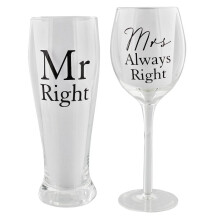 Amore Wine And Pint Glass Set Mr. Right, Mrs. Always Right