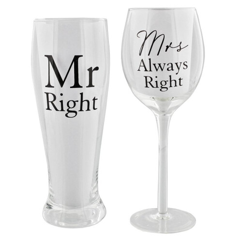 Sole favors Amore Wine And Pint Glass Set Mr. Right, Mrs. Always Right