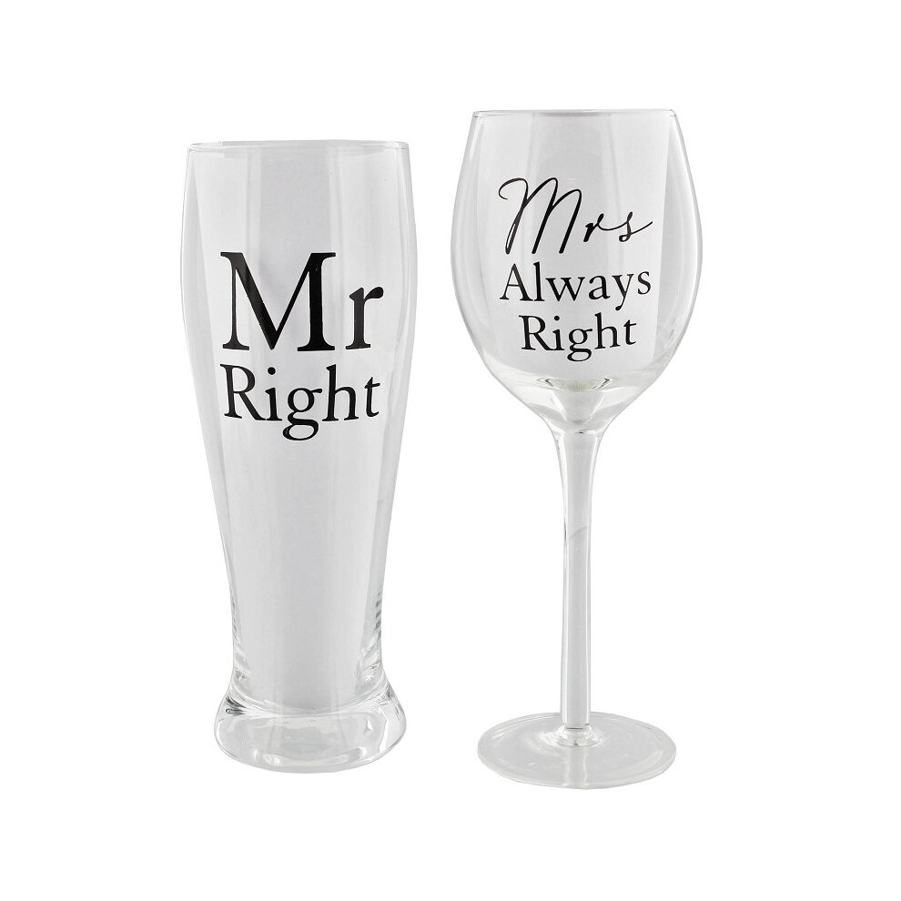 Amore Wine And Pint Glass Set Mr. Right, Mrs. Always Right