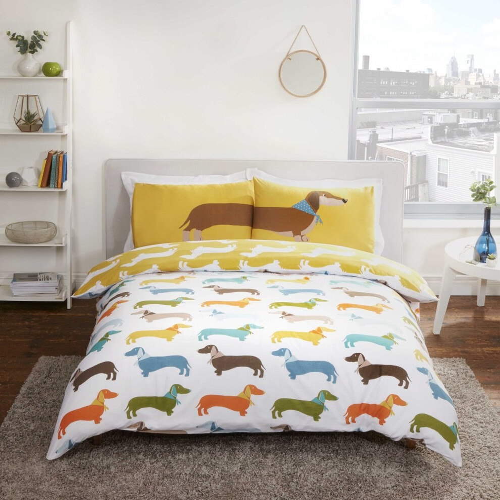(Double) Sausage Dog Multi Coloured Reversible Duvet Set