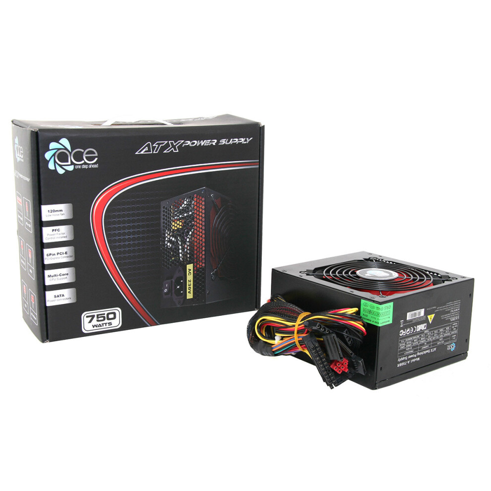 ACE 750W Black ATX Gaming PC PSU Power Supply 120mm Red