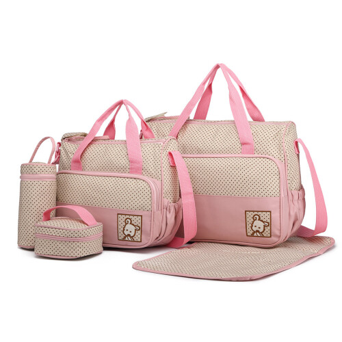 (Pink) 5pc 2-Tone Baby Changing Bag Set | Nappy Bag Set
