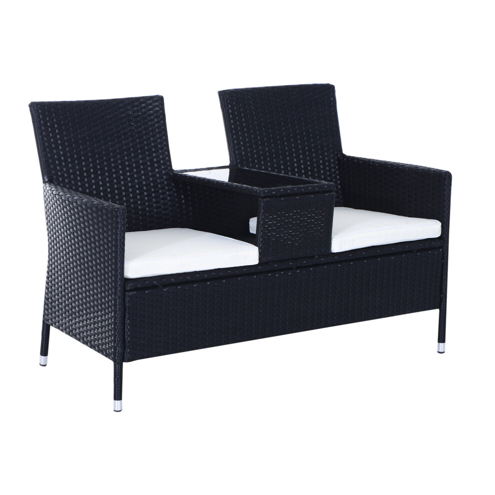 Wicker Love Seat With Cushions - Black | Rattan 2 Seater Garden Bench