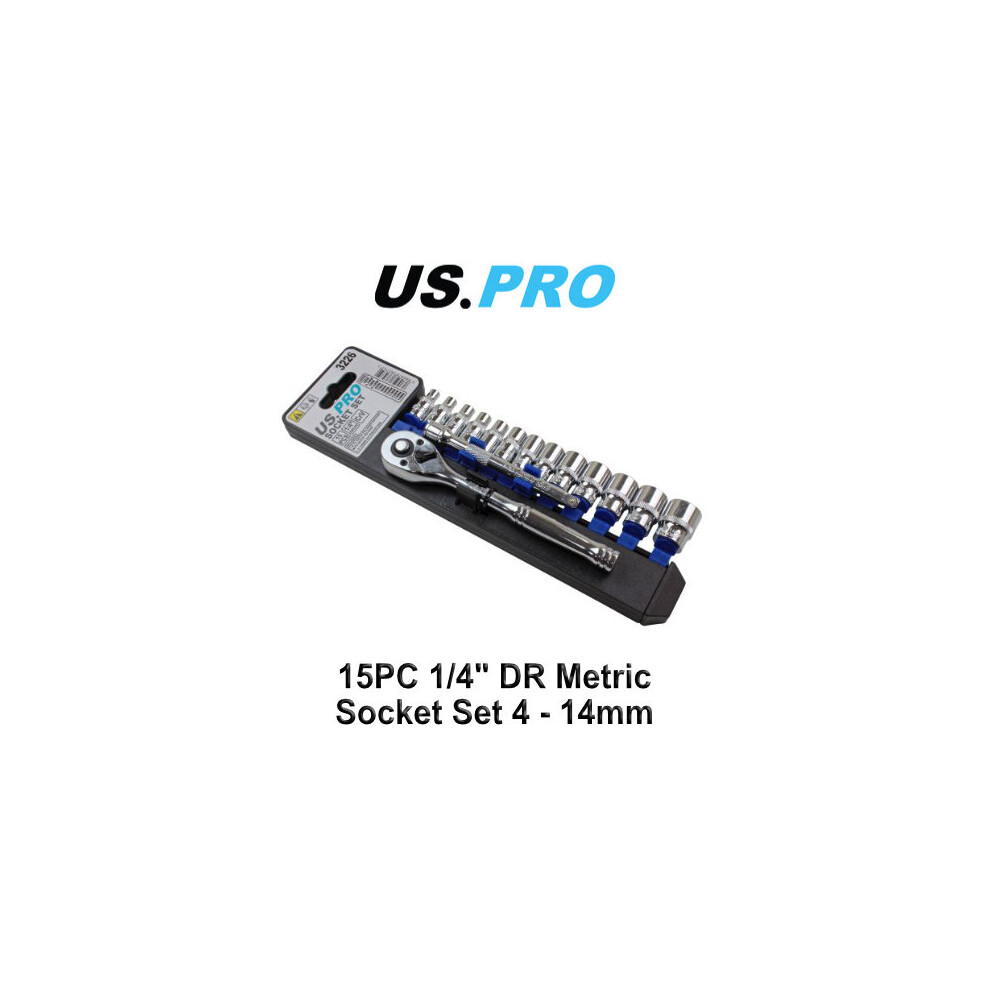 US PRO Tools 15pc 1/4''dr Metric Socket Wrench set 4 - 14mm 3226