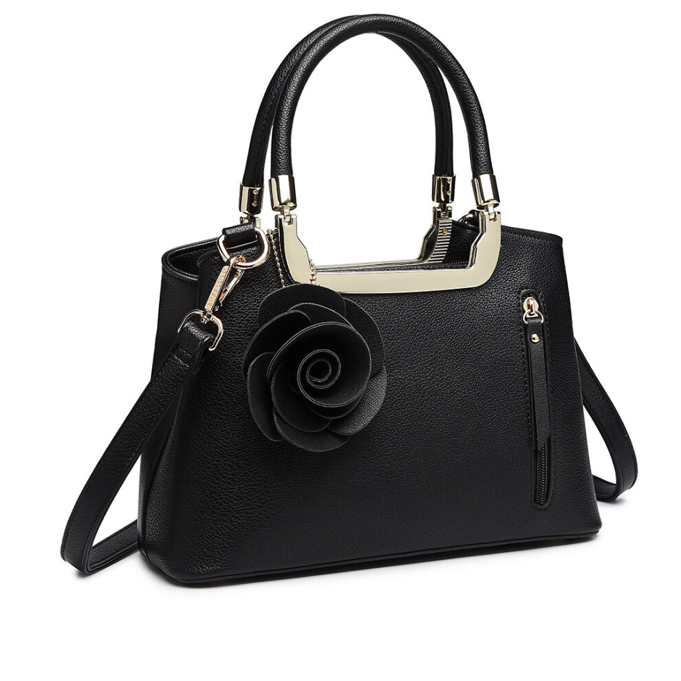 Miss Lulu (Black) Women Rose Ornament Handbag Shoulder Bag Tote Black
