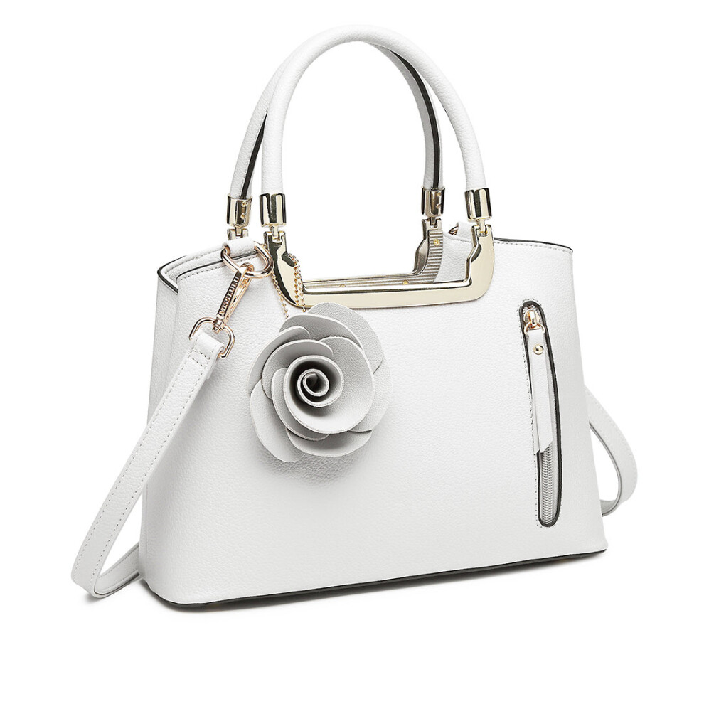 Miss Lulu (White) Women Rose Ornament Handbag Shoulder Bag Tote White