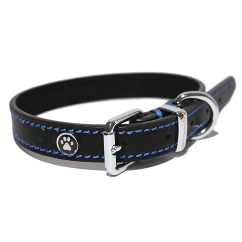 Rosewood Luxury Leather Dog Collar, 14-18 in, Black – Secure Buckle, D-Ring, Paw Print Embellishment