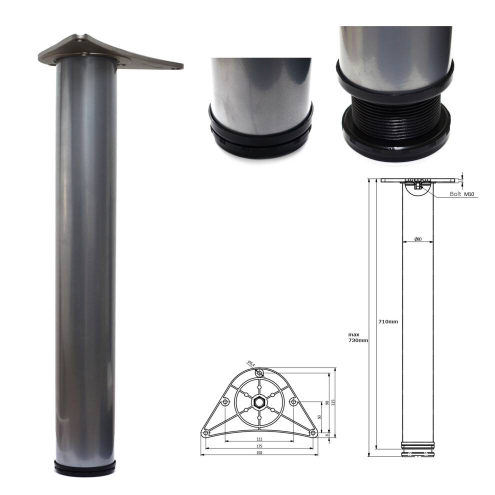 (3) 710mm Adjustable Silver Breakfast Bar Worktop Support Table Leg Ã¸80mm