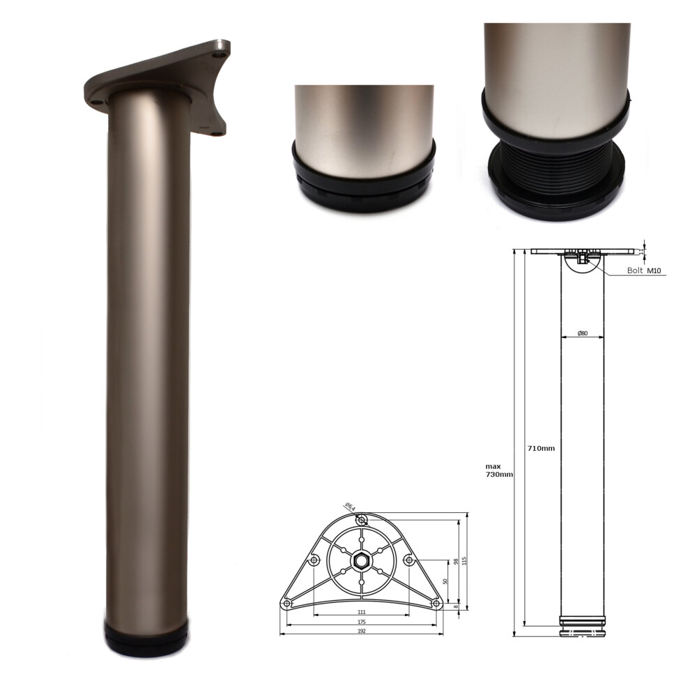 (2) 710mm Adjustable Satin Breakfast Bar Worktop Support Table Leg ø80mm