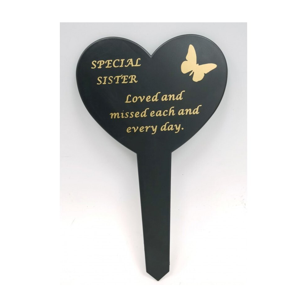 Sister  Black Slim Plastic Heart Memorial Grave Marker Stake