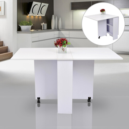 Homcom HOMCOM Mobile Drop Leaf Dining Table Folding Desk w/ 2 Wheels White 2