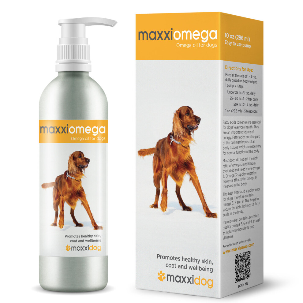 maxxidog maxxiomega oil for dogs For healthy skin shiny coat Omega 3 6 9 vitamins A D E and Biotin No fishy smell Easy to use pump 296 ml on OnBuy