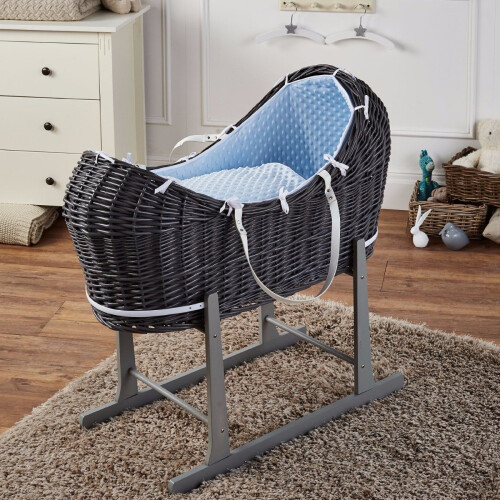 Blue Dimple Grey Wicker Moses Basket Pod And Grey Rocking Stand on OnBuy