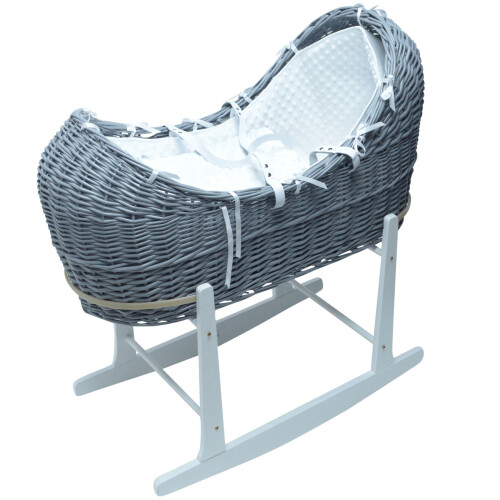 White Dimple Grey Wicker Moses Basket Pod And White Rocking Stand on OnBuy