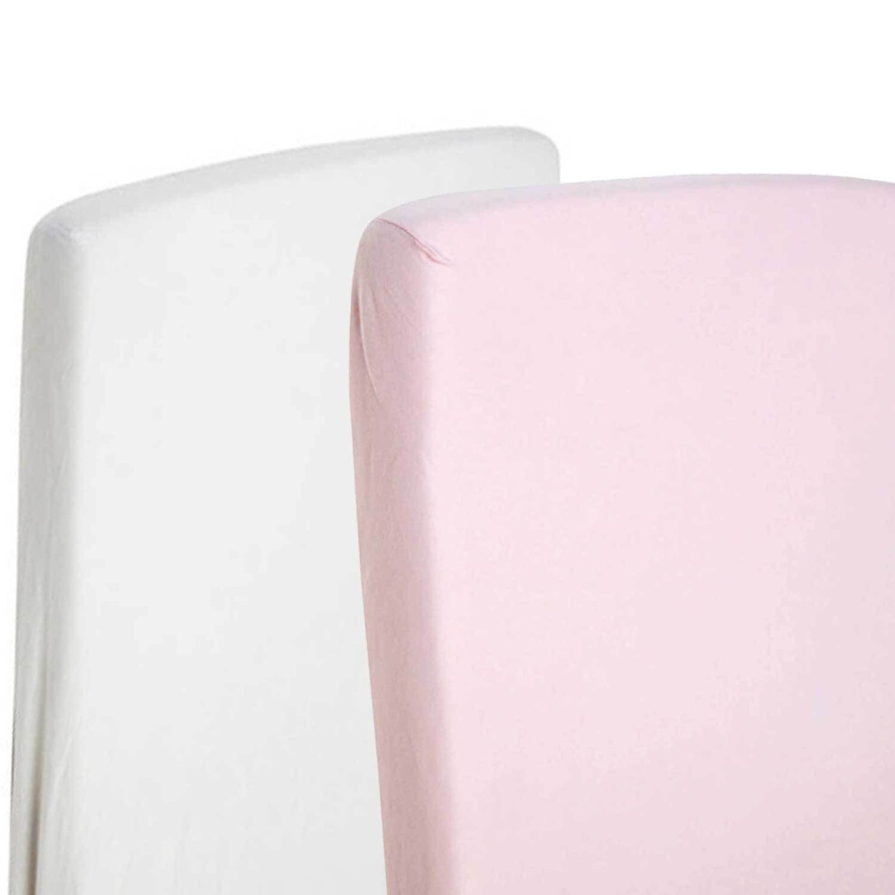 2x Cot 100% Cotton Jersey Fitted Sheet 120 x 60cm Mattress 1x White & 1x Pink