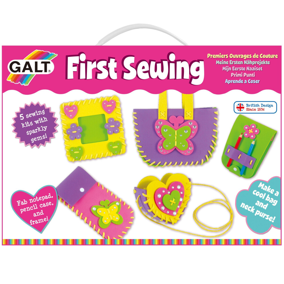 Galt Toys Colourful First Sewing Kit A4085G - Beginner sewing for kids with 5 pre-cut foam kits, cord, notepad, pencils and bodkins