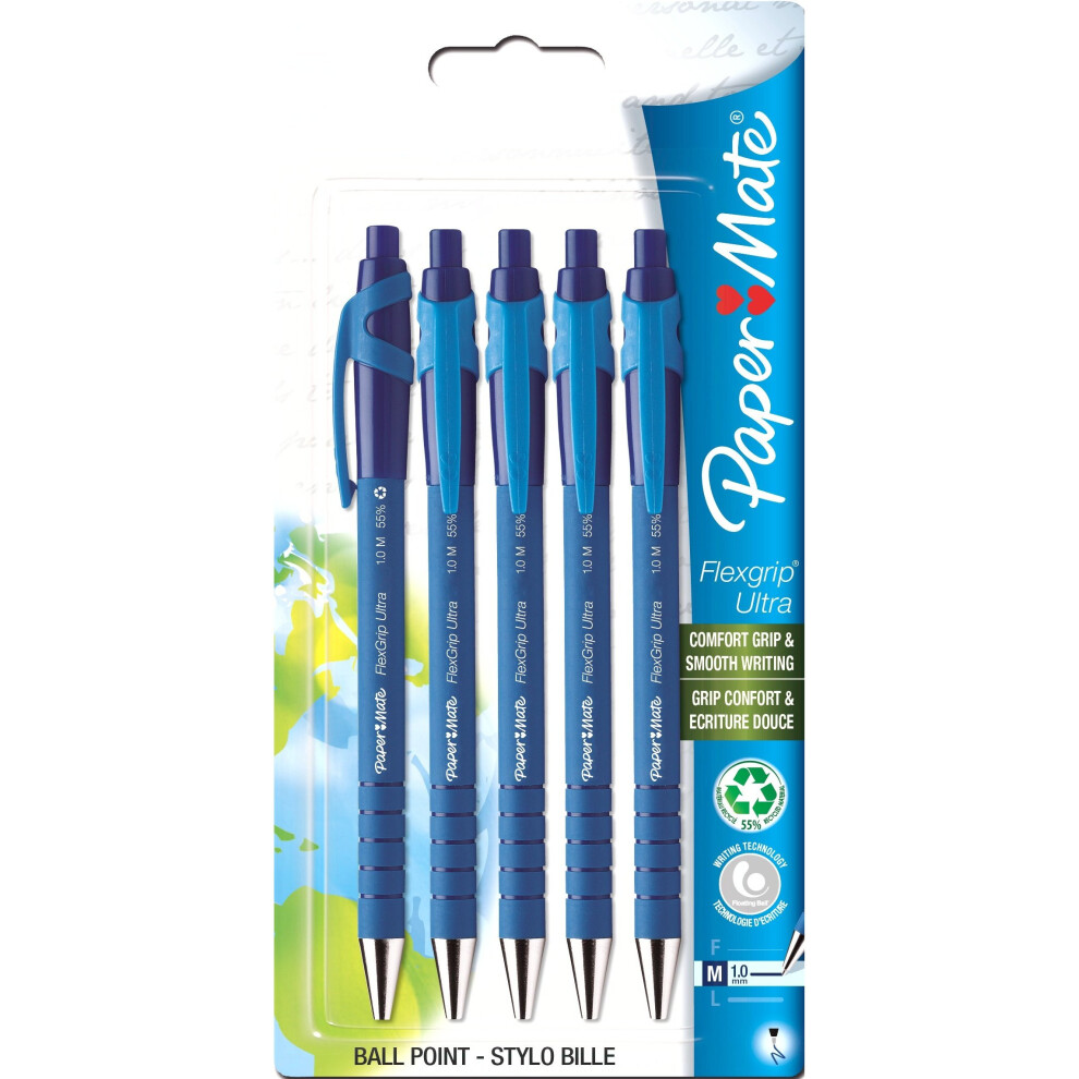 PaperMate Flexgrip Ultra Ball Pen with Medium Tip 1.0 mm - Blue, Pack of 5