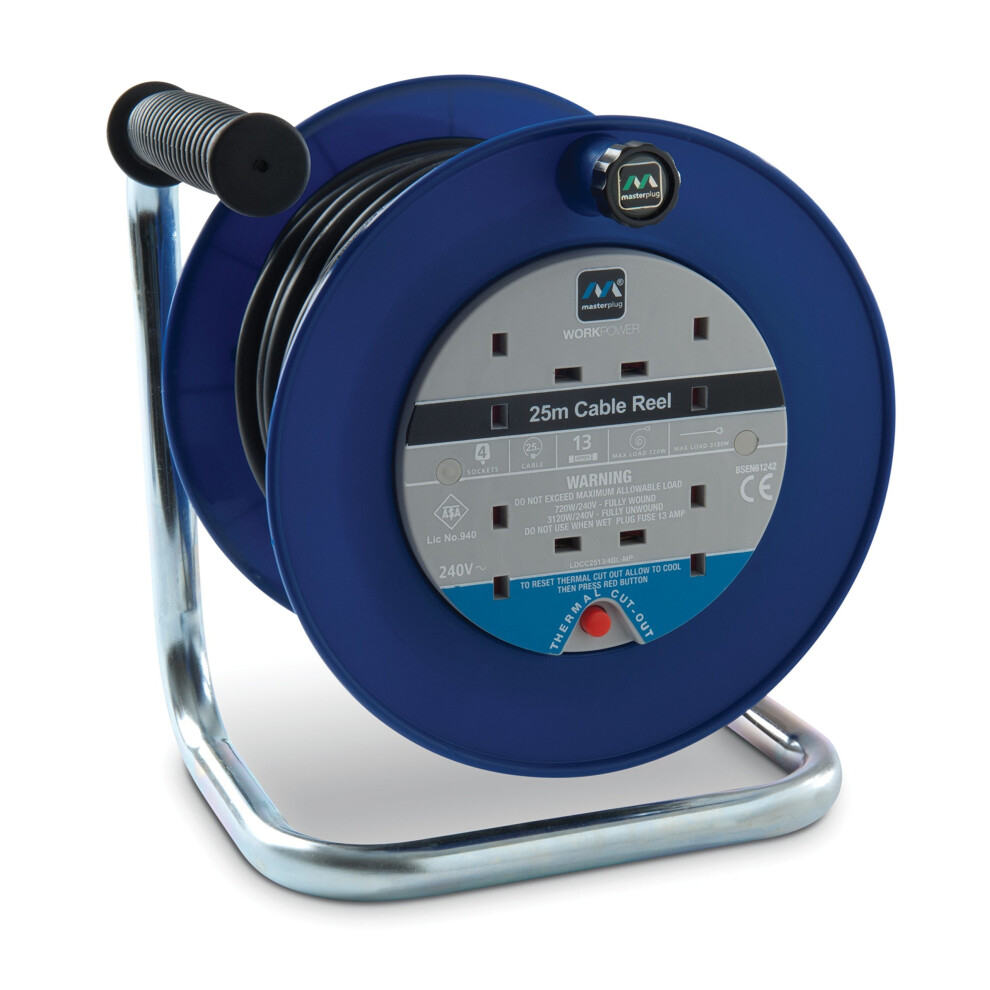 Masterplug Four Socket Open Cable Reel Extension Lead With Handle, 25 Metres, Blue 5015056355740