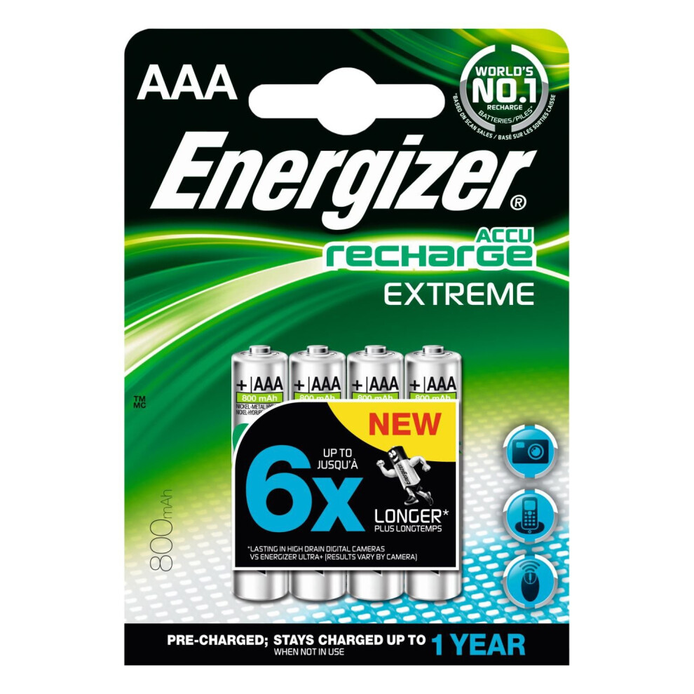 Energizer Accu Recharge 800MAh AAA Extreme 1.2V Batteries, 4 Batteries