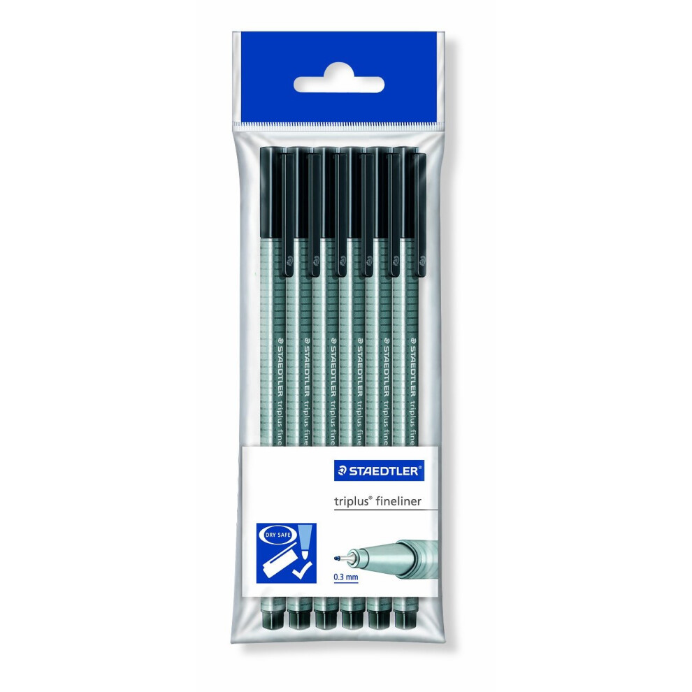 Staedtler Triplus Fineliner 334 Pens with Line Width 0.3 mm - Black, Pack of 6