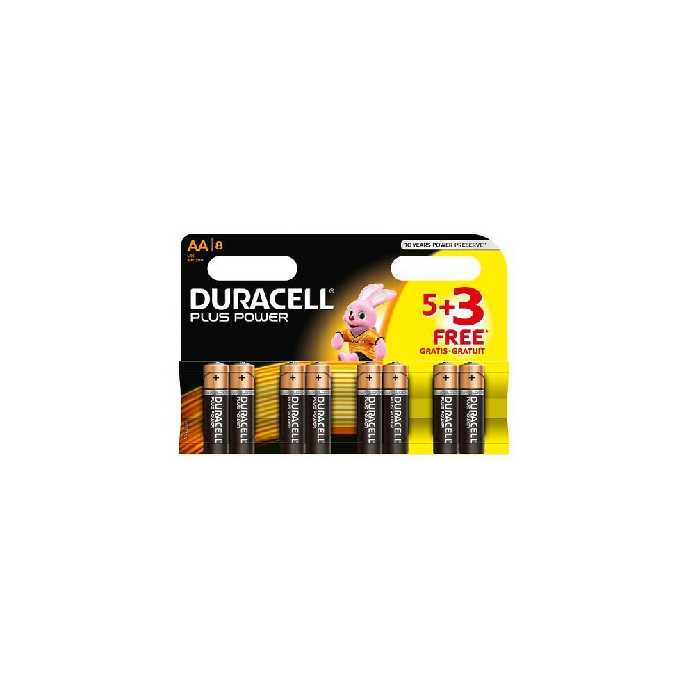 Duracell MN1500 Plus Power Alkaline Battery AA Size, 5 + 3 Free Batteries