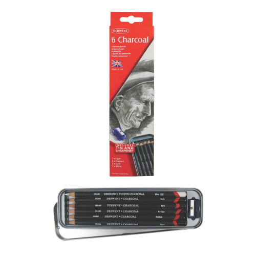 Derwent Derwent Charcoal Pencils Tin with Pencil Sharpener - Set of 6 1