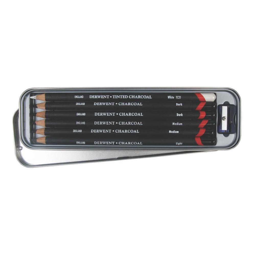 Derwent Charcoal Pencils Tin with Pencil Sharpener - Set of 6