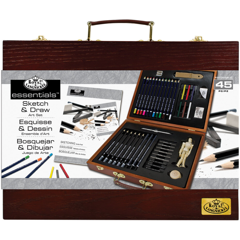 essentials(TM) Wooden Box Art Set-Sketch & Draw 45pc