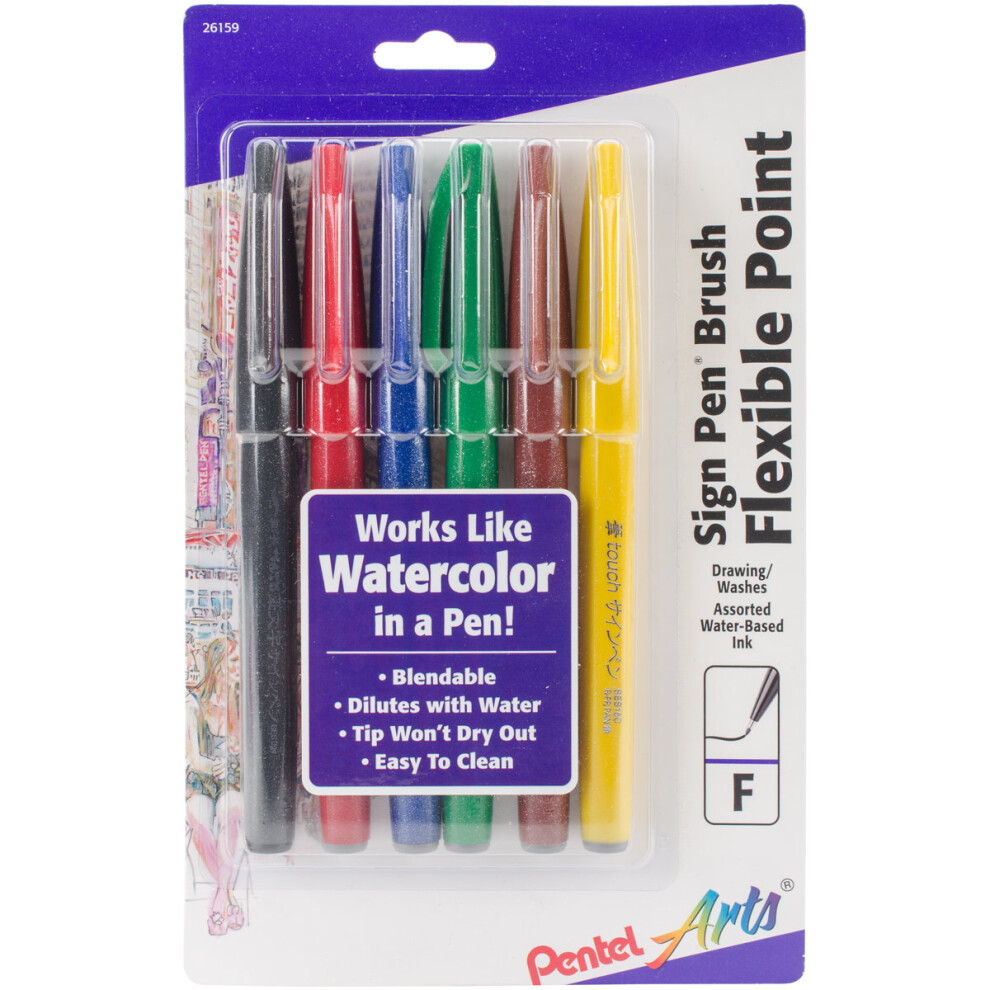 Pentel Arts Sign Pens With Brush Tip 6/Pkg-Assorted