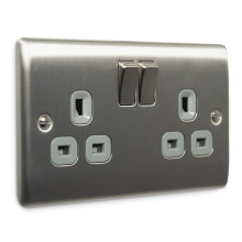 Masterplug NBS22G 13 A 2-Gang Metal Brushed Steel Switched Socket - Grey Insert