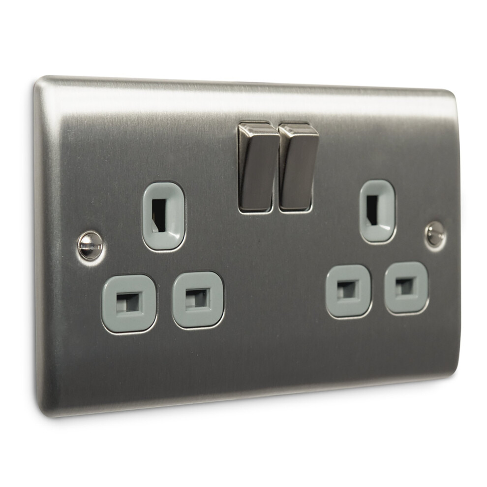 Masterplug NBS22G 13 A 2-Gang Metal Brushed Steel Switched Socket - Grey Insert